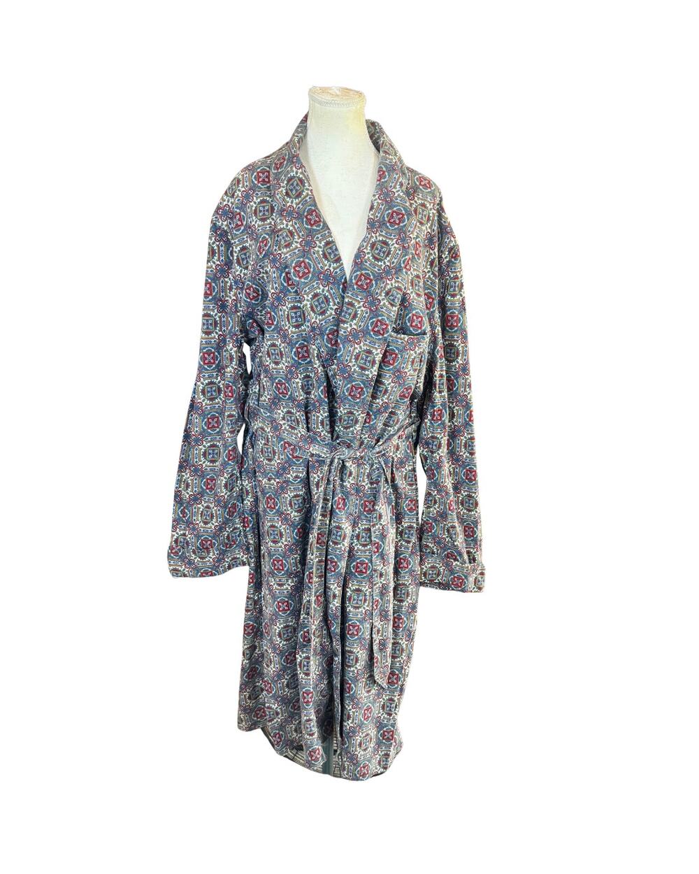 Vintage Blue Bronze Byzantine Squares Shawl Tie Waist Smoking Jacket Robe Size L